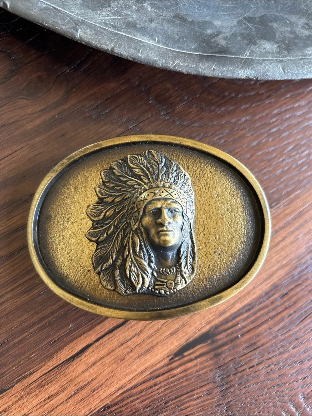 Vintage Solid Brass Belt Buckle, Indian Chief Headdress, Oval, Native American